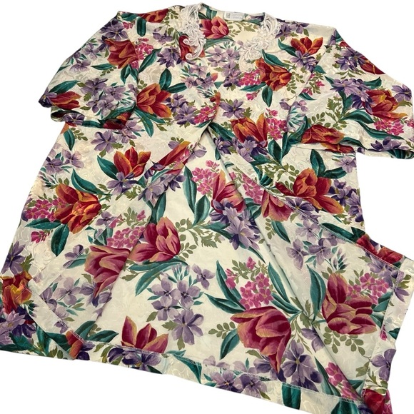 California Dynasty Floral Satin Robe Sz L Lace Trim Pockets 90s Lounge - Picture 4 of 8
